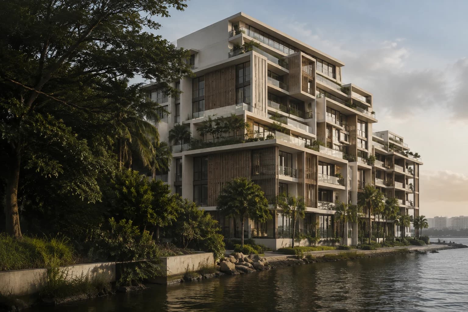 Illustrative contemporary residential architecture surrounded by greenery